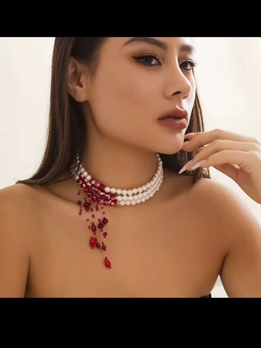White Pearl Choker with Red Bead Cascade